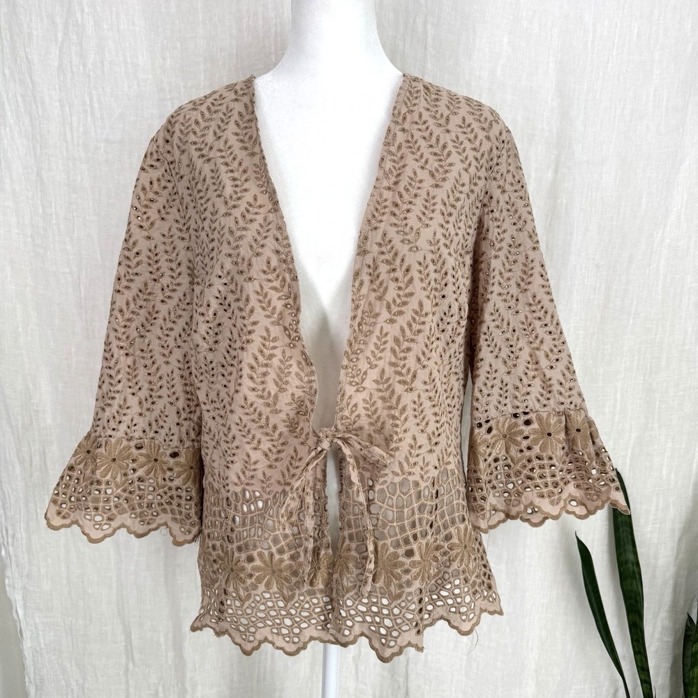 Embroidered Eyelet Tie Front Cardigan L Cottage Prairie Boho Chic Fall Layering